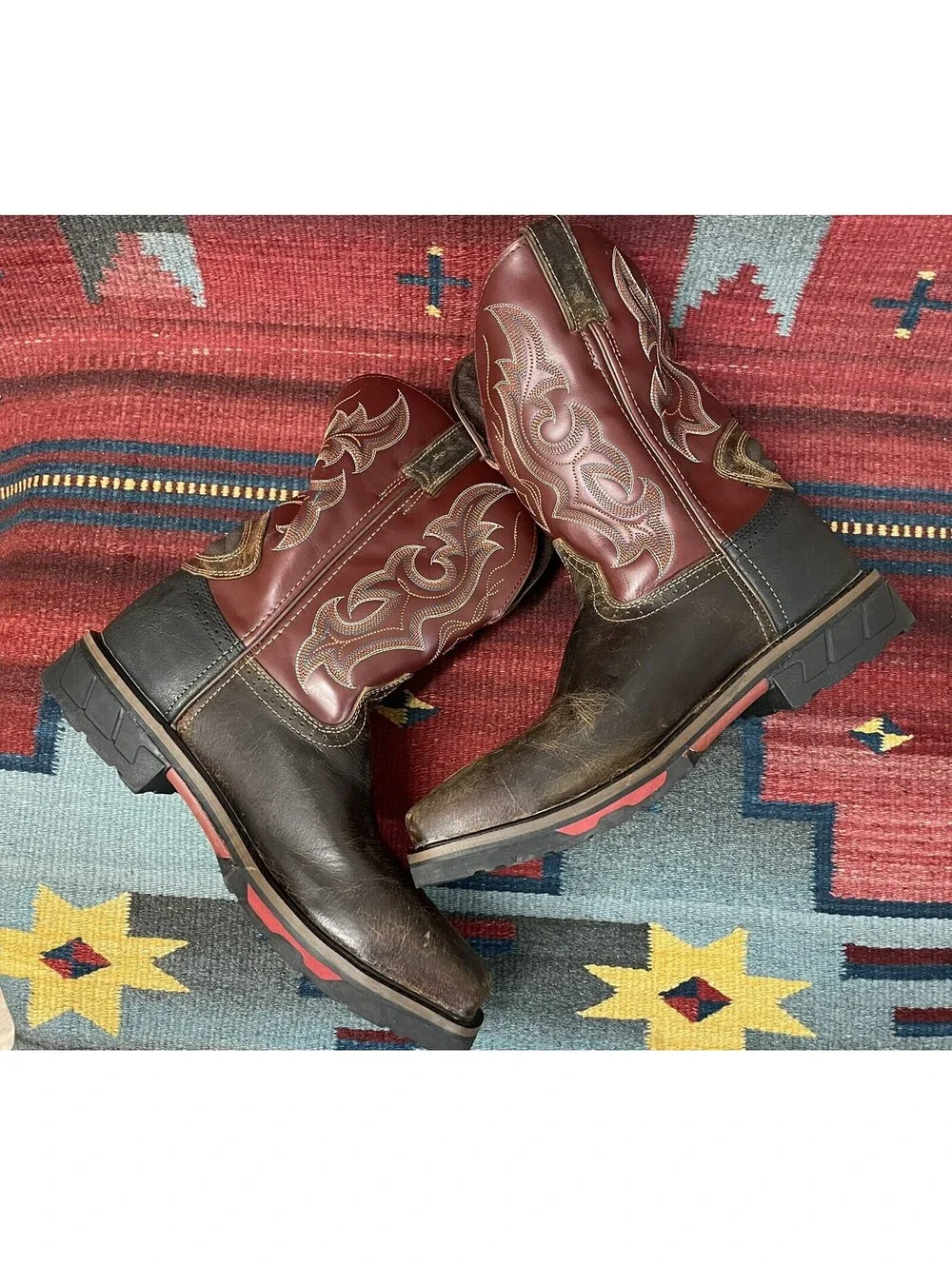Justin Comp Toe Leather Western Work Boots  Men's 11 WK4643 Burgundy/Brown/Black
